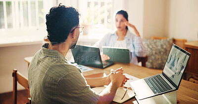 Buy stock photo Home, conversation and couple with laptop, planning and checklist for financial income. Apartment, man and woman with computer, mortgage or feedback for budget, taxes and charts for retirement fund