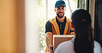Happy man, delivery or door with box for customer service, online order or shipping in home. Male person, courier guy or smile with parcel, package or cargo for logistics, ecommerce or transportation