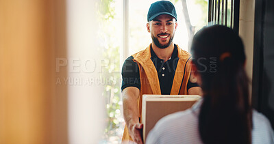 Buy stock photo Happy man, delivery or door with box for customer service, online order or shipping in home. Male person, courier guy or smile with parcel, package or cargo for logistics, ecommerce or transportation