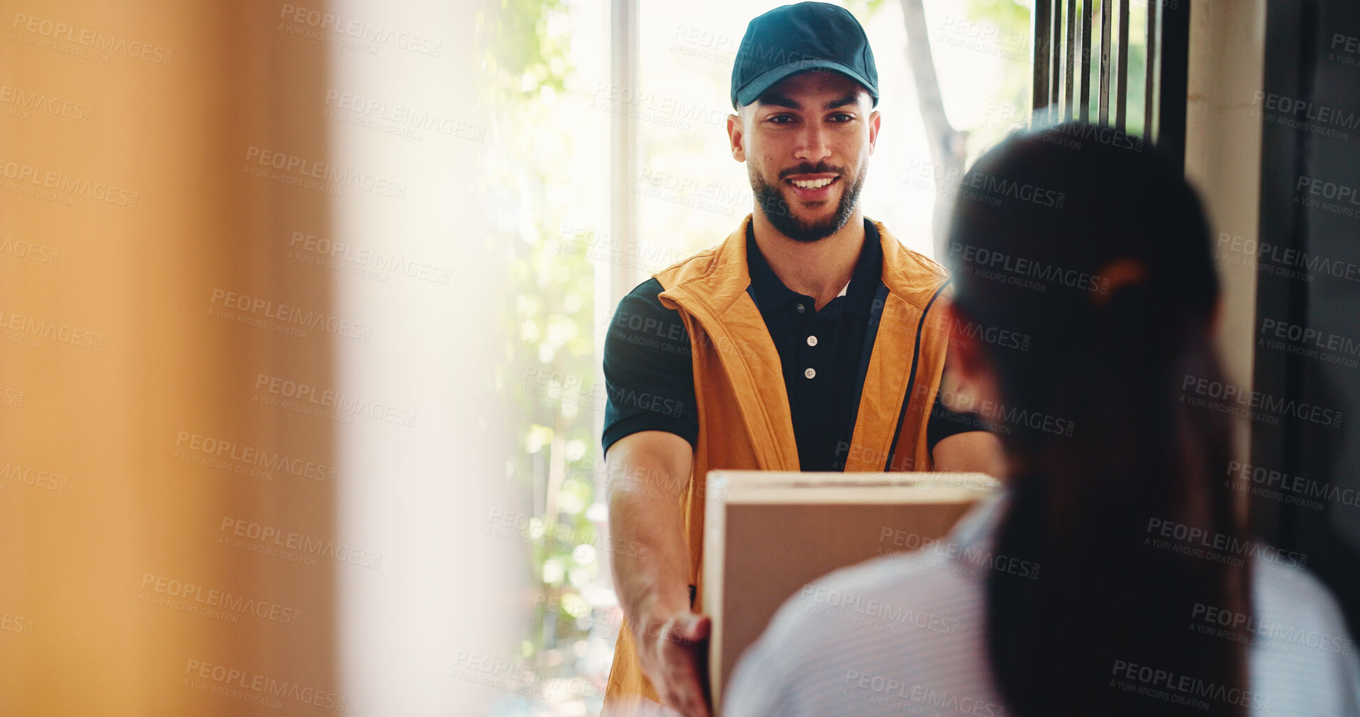 Buy stock photo Happy man, delivery or door with box for customer service, online order or shipping in home. Male person, courier guy or smile with parcel, package or cargo for logistics, ecommerce or transportation