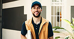 Portrait, delivery man or smile with clipboard at house for distribution, transport service or logistics. Supply chain, courier and happy with checklist outdoor for shipping compliance and about us