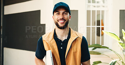 Buy stock photo Portrait, delivery man or smile with clipboard at house for distribution, transport service or logistics. Supply chain, courier and happy with checklist outdoor for shipping compliance and about us
