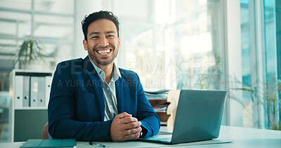 Buy stock photo Portrait, laptop and happy business man in office as lawyer, legal consultant and about us. Computer, smile and confident attorney in law firm for corporate justice, pride and professional worker