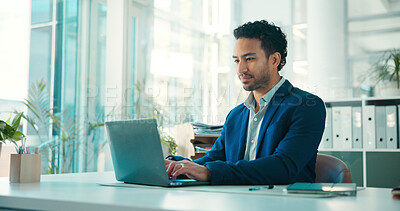 Buy stock photo Business, man and typing on laptop in office for financial reporting, policy update or budget review. Finance manager, person or tech at agency for company risk management, email feedback or planning