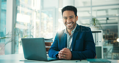 Buy stock photo Portrait, laptop and smile with business man in office as lawyer, legal consultant and about us. Computer, happy and confident attorney in law firm for corporate justice, pride or professional worker