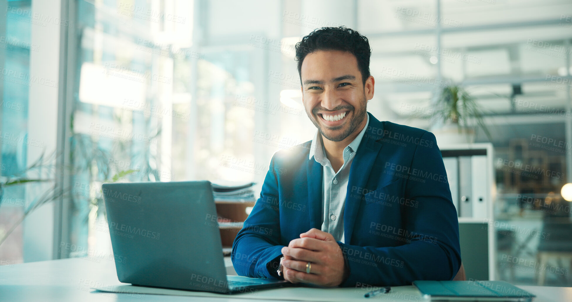 Buy stock photo Portrait, laptop and smile with business man in office as lawyer, legal consultant and about us. Computer, happy and confident attorney in law firm for corporate justice, pride or professional worker