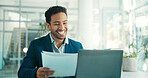 Smile, laptop and documents with business man in office for finance report, investor research and planning. Account manager, portfolio advisor and paperwork with person in agency for broker review
