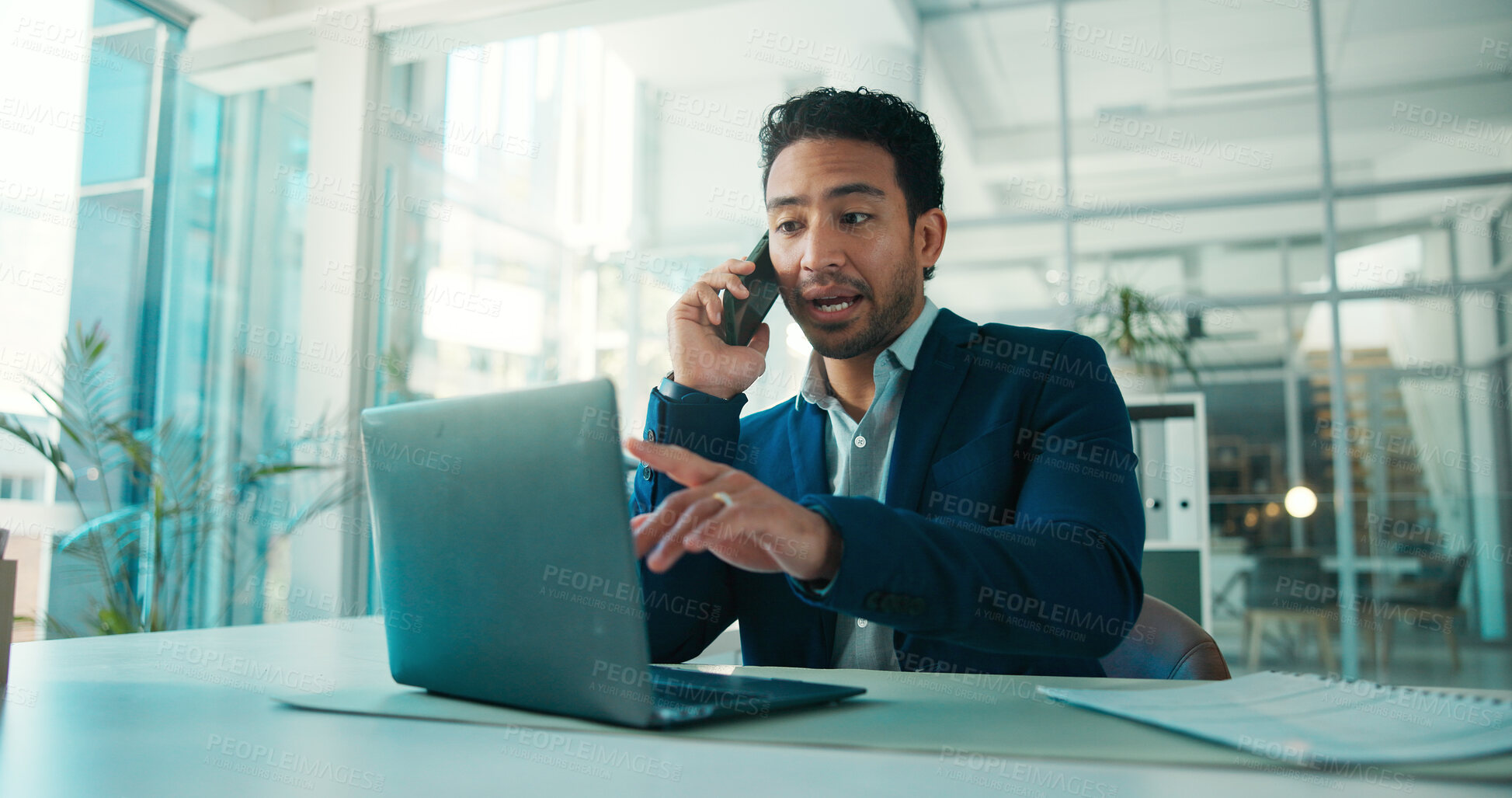 Buy stock photo Phone call, speaking or man with laptop for consultation, verify details or application review update. Credit evaluation, banking advice or loan officer with discussion for options, pointing or tech