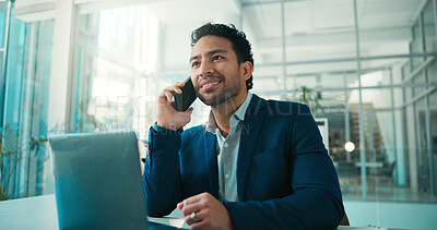 Buy stock photo Phone call, listen or man with laptop for consultation, verify details or application review update. Credit history, banking advice or loan officer with client evaluation discussion, options or tech