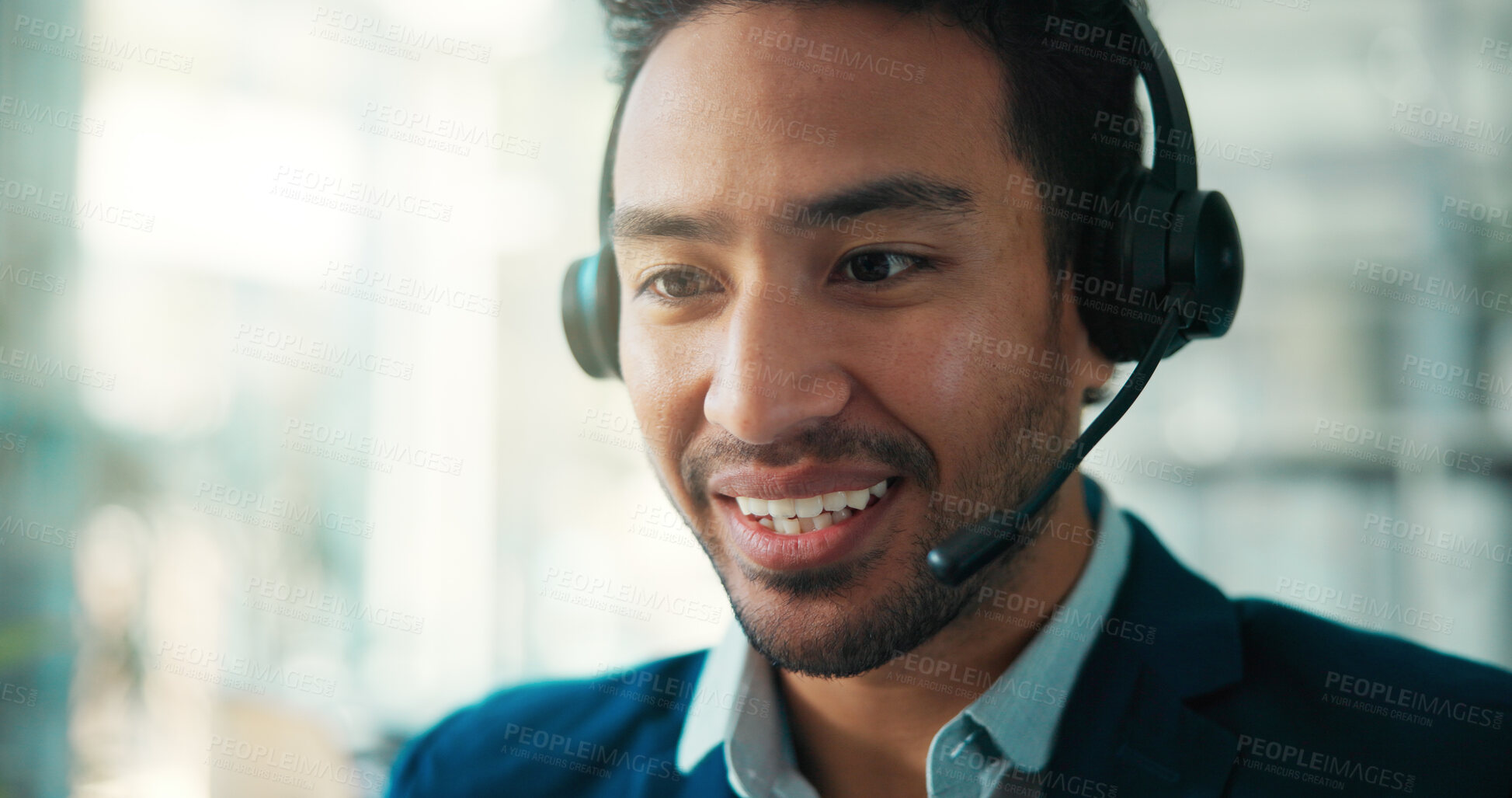 Buy stock photo Consultant, headset and happy man in call center for business, account balance or credit service. Smile, agent and person listen to customer in office for banking support, financial help or loan
