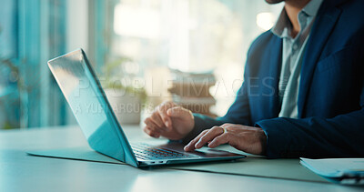 Buy stock photo Hands, business man or laptop in office for reading market trends, policy update or legal oversight. Finance manager, person or tech at agency for company risk management, email feedback or reporting