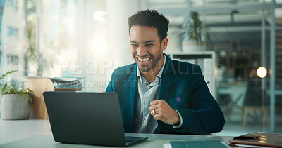 Buy stock photo Finance, fist pump and laptop with business man at desk in glass office for accounting success. Computer, investment management and victory with broker in financial workplace for portfolio target