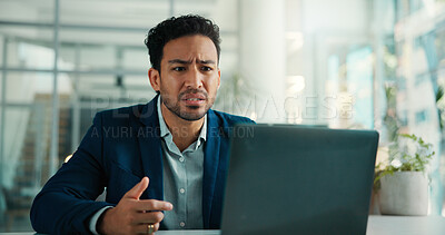 Buy stock photo Confused, employee and man with laptop, online and frustrated with financial loss or investment fail. Reading, digital report and stock market crash on website, upset and person with tech in business