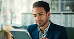 Tablet, typing and planning with business man in office for finance report, investor research and reading. Account manager, portfolio advisor and trader with person in agency for online review