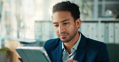 Buy stock photo Tablet, typing and planning with business man in office for finance report, investor research and reading. Account manager, portfolio advisor and trader with person in agency for online review