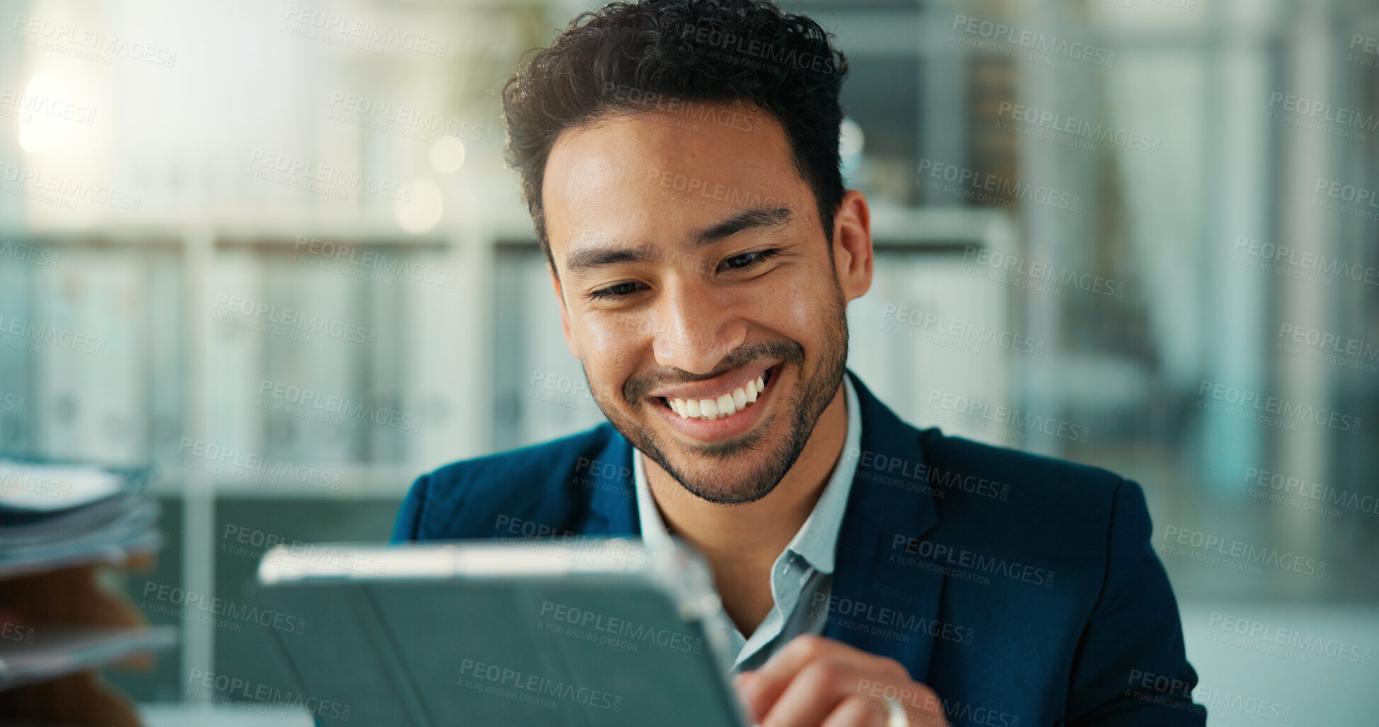 Buy stock photo Tablet, smile and reading with business man in office for finance report, investor research and planning. Account manager, portfolio advisor and trader with person in agency for online review