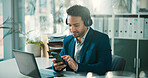 Headphones, smile or man in office with phone, sound track streaming or listening to music at work. Flare, playlist or employee in agency with laptop, podcast or radio subscription on audio app.