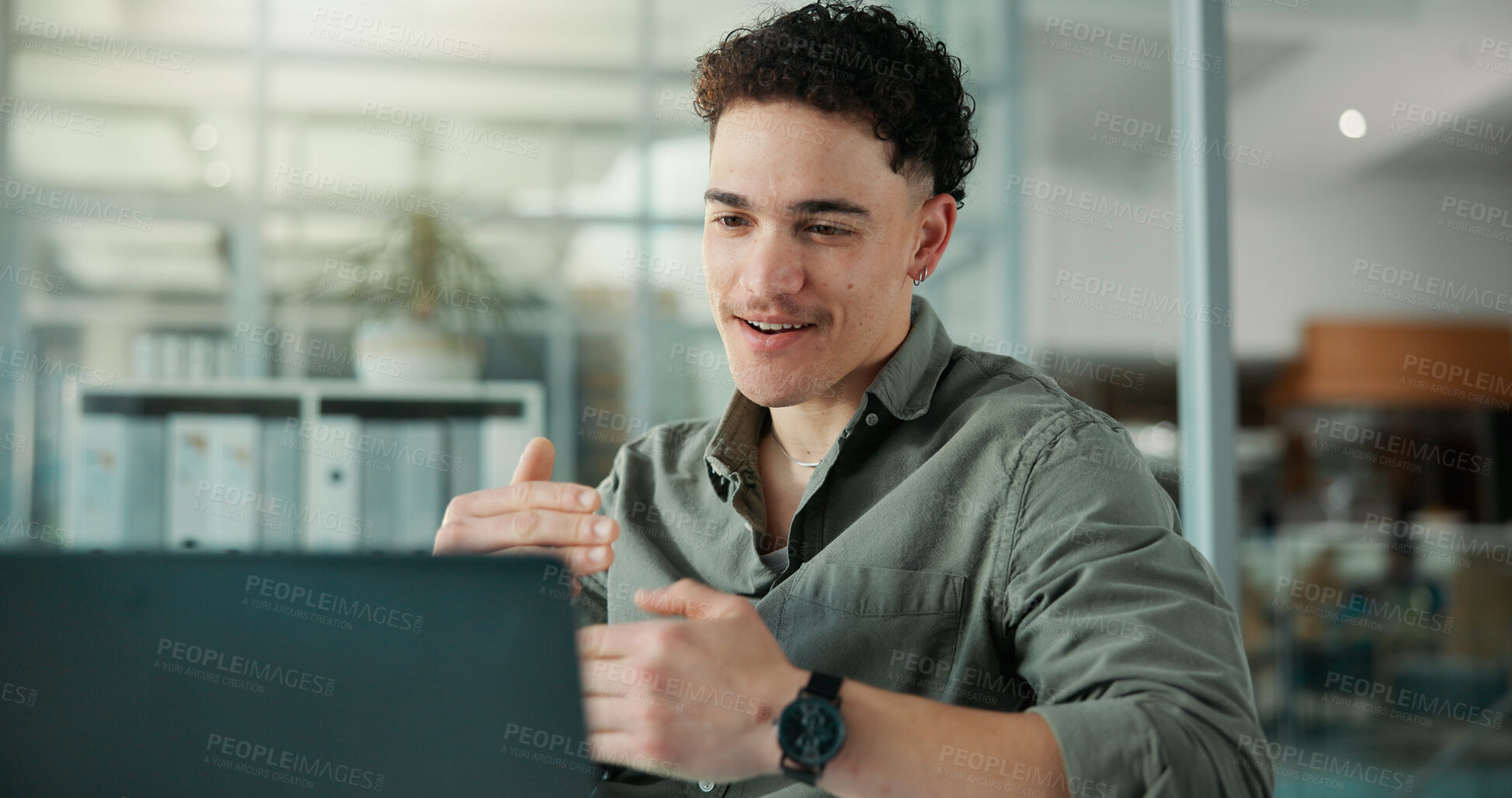 Buy stock photo Video call, discussion or man with laptop in office, virtual consultation or financial planning for client. Account strategy, pc or advisor explain market status, investment recommendation or advice