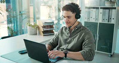 Buy stock photo Headset, talk or man with laptop for online consultation, advice or financial feedback for client. Account strategy, tech or advisor with investment recommendation, virtual meeting or plan in office