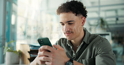 Buy stock photo Break, social media and man with phone in office, reading message and browsing internet for ebook. Peace, watch video and employee with mobile app for texting, check notification or blog in workplace