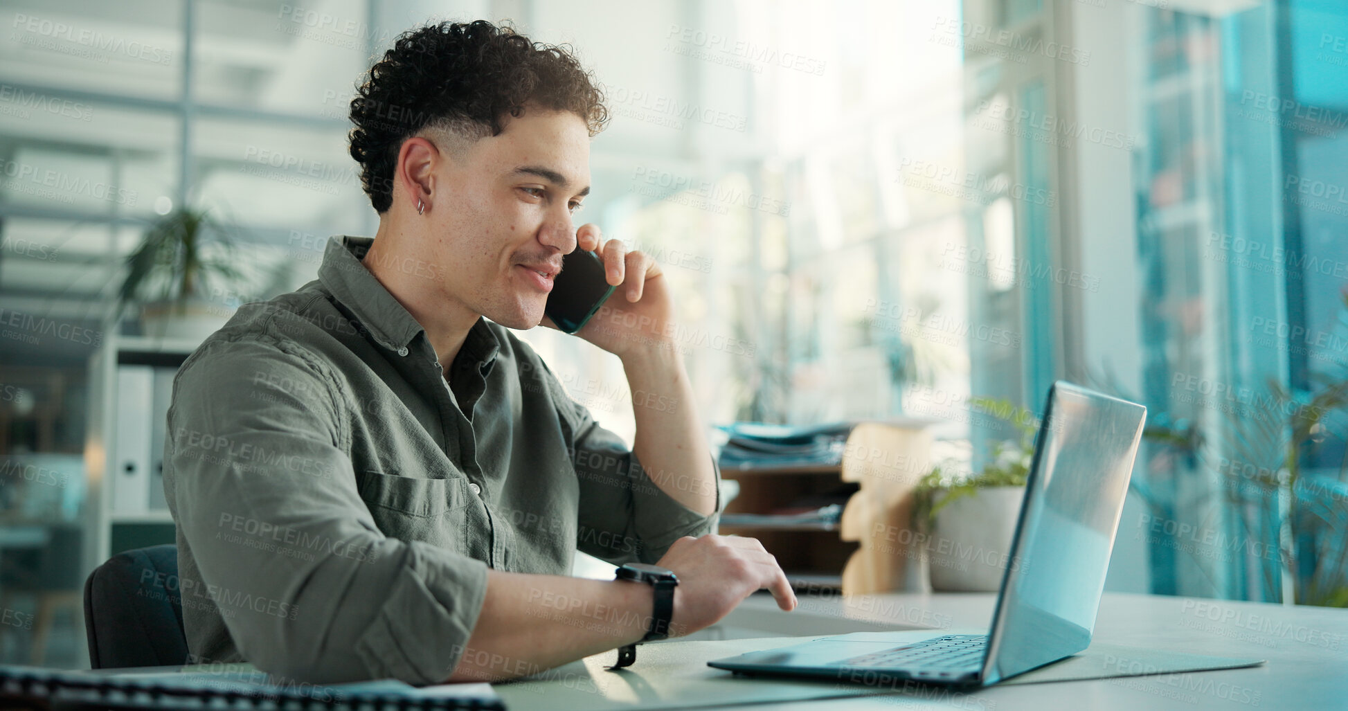 Buy stock photo Laptop, business man and phone call in office for insurance offer, coverage or negotiation. Mobile, happy broker and talk to client with computer for communication, explain policy or claims process