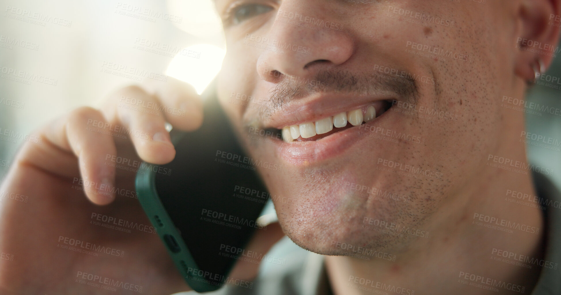 Buy stock photo Man, mouth and smile in office with phone call for marketing discussion, campaign planning and feedback. Happy, person and contact with tech for advertising conversation, creative idea and update.