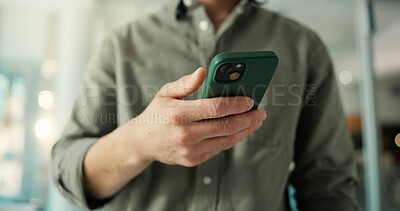 Buy stock photo Man, hands and browse in office with phone for social media insights, marketing campaign or project. Bokeh, person and scroll with tech in workplace for digital advertising, SEO report or creativity.