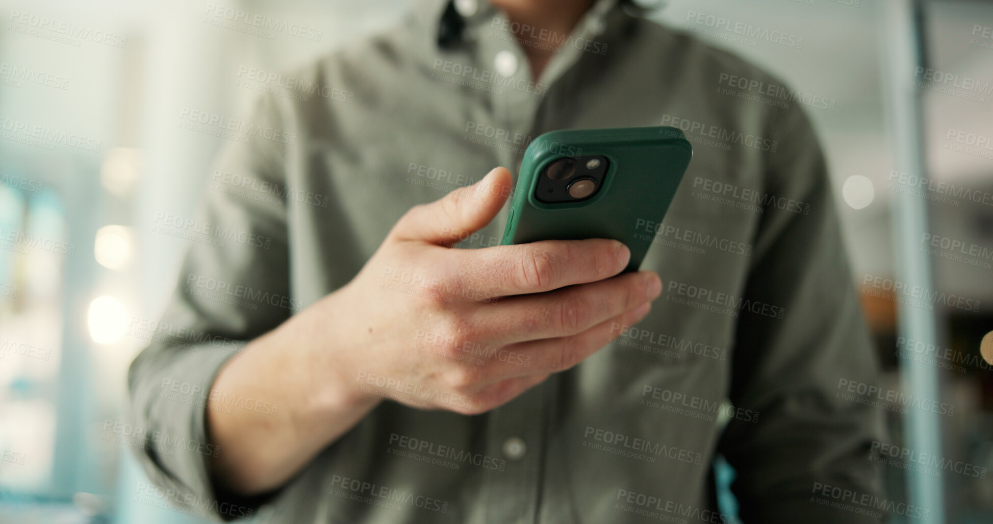Buy stock photo Man, hands and browse in office with phone for social media insights, marketing campaign or project. Bokeh, person and scroll with tech in workplace for digital advertising, SEO report or creativity.