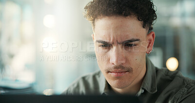Buy stock photo Media agency, computer and man in office, thinking or online reading with submission rejection. Person, copywriting or journalist in workplace, pc or confused with doubt, schedule or flare with bokeh