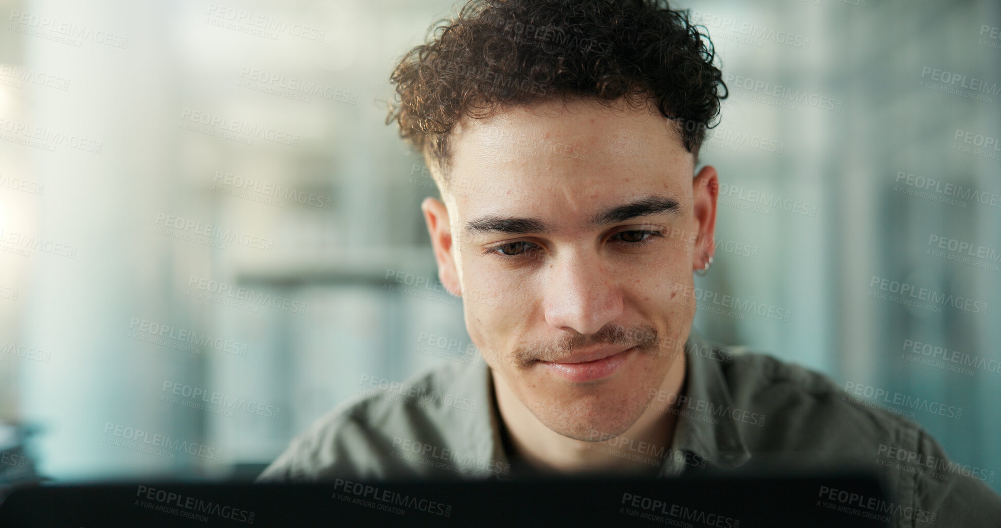 Buy stock photo Media agency, computer and man in office, reading and pride with website blog. Person, employee and journalist in workplace, pc and research for news report, submission and email for publication