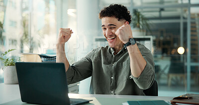 Buy stock photo Happy, man and fist pump in office with laptop for viral marketing campaign, success and milestone. Person, smile and celebration with computer for digital advertising goal, achievement or good news.