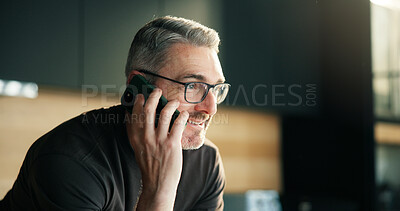 Buy stock photo Communication, phone call and man with smile in kitchen, listening and conversation for networking. Contact, chat or mature person with mobile app for discussion in home, relax or internet connection