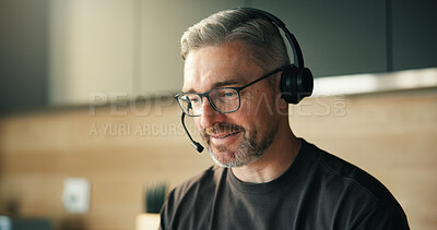 Buy stock photo Remote work, headset and man in home for telemarketing, outbound call and lead generation for sales target. Audio tech, online contact and agent with offer for clients, product and service promotion