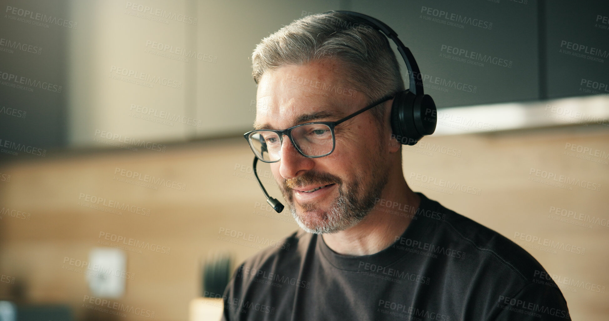 Buy stock photo Remote work, headset and man in home for telemarketing, outbound call and lead generation for sales target. Audio tech, online contact and agent with offer for clients, product and service promotion