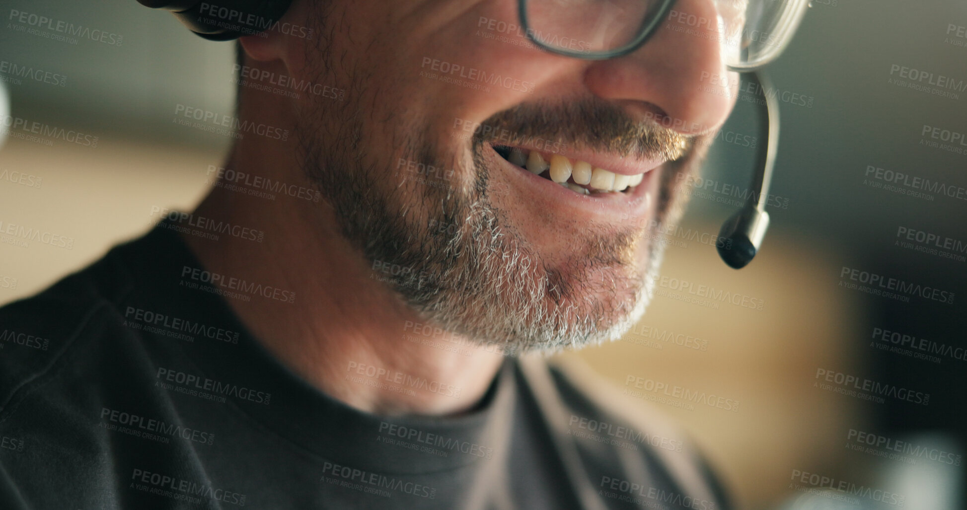 Buy stock photo Remote work, headset and mouth in home for telemarketing, outbound call and lead generation for sales target. Audio tech, online contact and man with offer for clients, product and service promotion