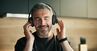 Buy stock photo Chill, streaming or man in home with headphones, song connection or listening to music playlist. Relax, mature or male person in house with tech, feeling beat or radio subscription on audio app.