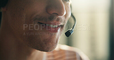 Buy stock photo Remote work, headset and mouth of agent for telemarketing, outbound call and lead generation for sales. Audio tech, online contact or man with offer for clients, product and service promotion in home