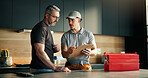 Plumber, talk and man with clipboard at house for inspection, plumbing evaluation or report. People, toolbox and explain checklist for home maintenance, diagnostic notes and service costs of repairs