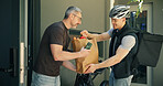Bike messenger, delivery and groceries with man at front door of home for receipt of online order. Bicycle courier, food and parcel with customer at entrance to apartment for ecommerce shipping