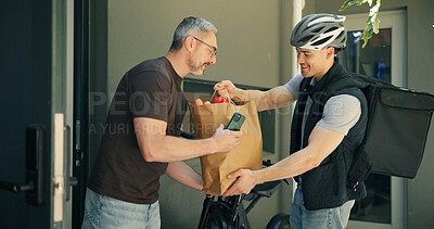 Buy stock photo Bike messenger, delivery and groceries with man at front door of home for receipt of online order. Bicycle courier, food and parcel with customer at entrance to apartment for ecommerce shipping