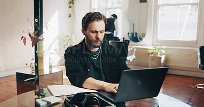 Buy stock photo Hairdresser, salon manager and man on laptop for online inventory, appointment and schedule. Hair stylist, computer and person for planning, calendar and client info on website for booking service