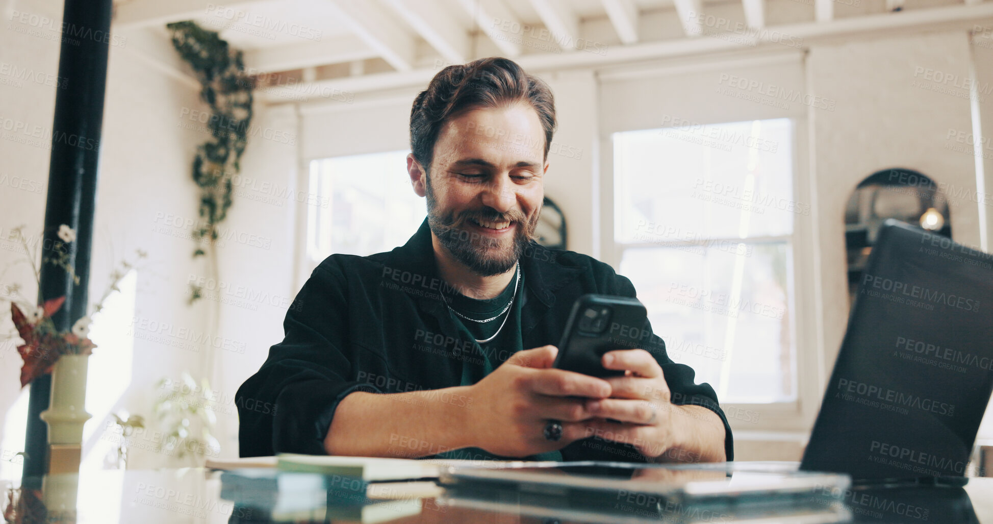 Buy stock photo Phone, happy and man barber in salon with communication for appointment schedule with client. Cellphone, computer and hairdresser with contact, email or connectivity on mobile app at beauty parlor.