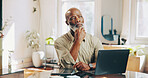 Serious, entrepreneur and black man with laptop, thinking or research on website for business growth. Mature person, reflection and plan for career development, vision and ideas with tech in startup