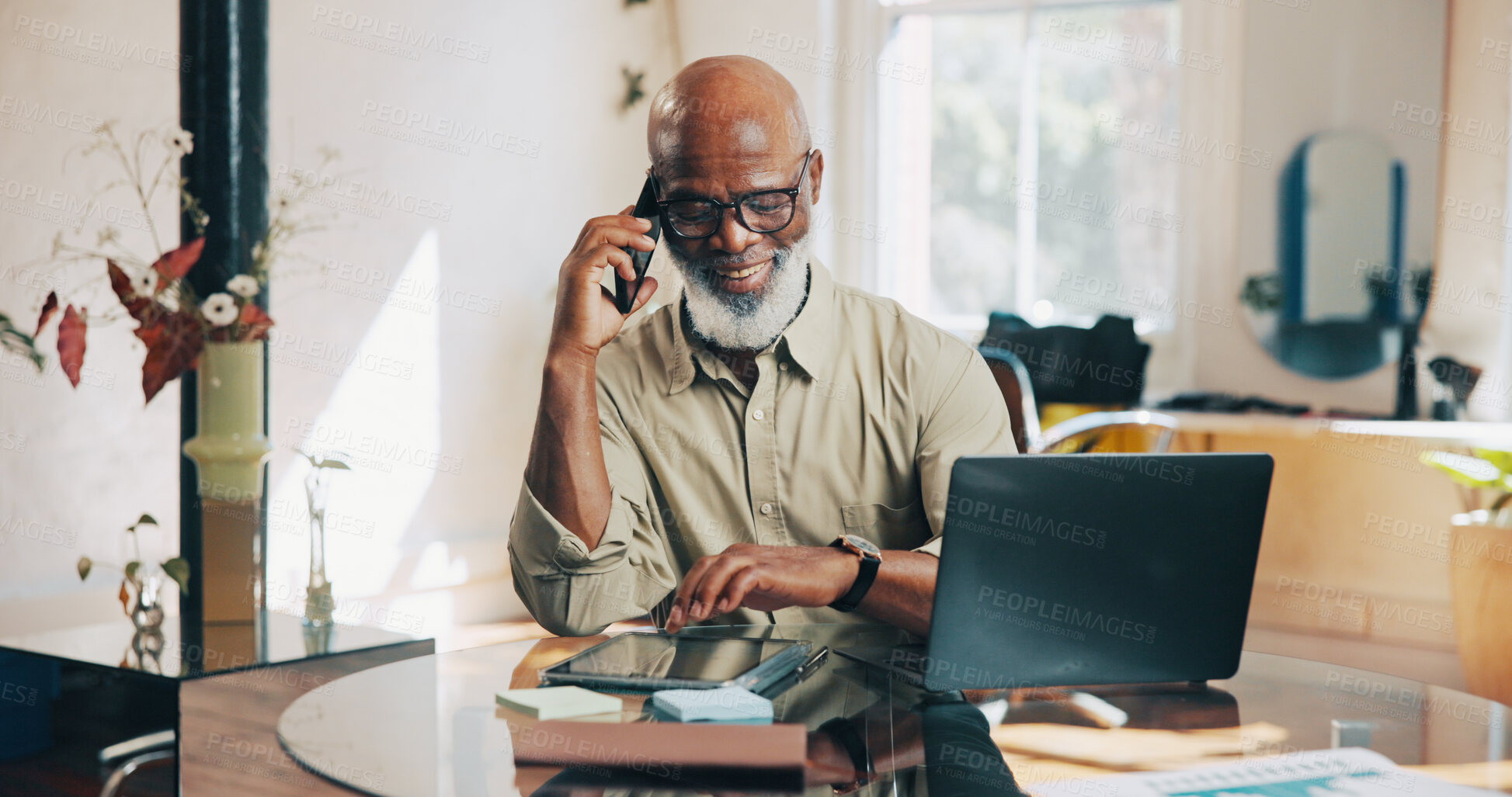 Buy stock photo Barber, phone call and happy black man on tablet for online inventory, appointment and schedule. Hairdresser, salon and person on tech for planning, calendar and client info on website for booking