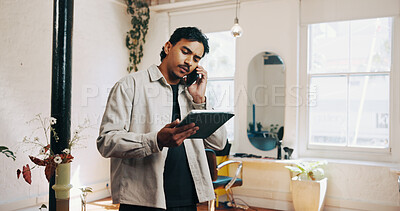 Buy stock photo Tablet, phone call and barber with business in salon for communication for appointment schedule. Digital technology, cellphone and male hairdresser on mobile discussion for contact with client.