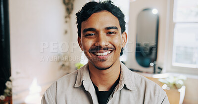 Buy stock photo Business, happy and portrait of barber in salon with confidence for cosmetology career with pride. Smile, professional and male hairdresser with job development for service at beauty parlor in Mexico
