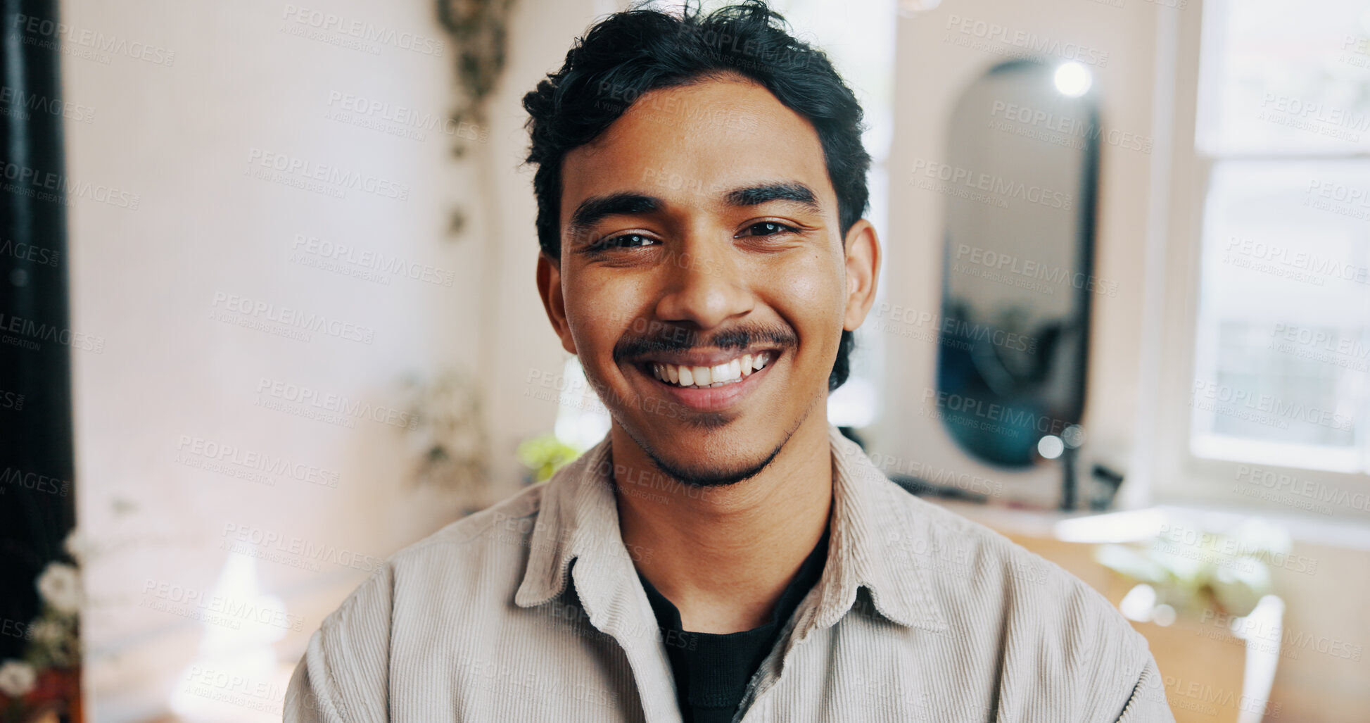 Buy stock photo Business, happy and portrait of barber in salon with confidence for cosmetology career with pride. Smile, professional and male hairdresser with job development for service at beauty parlor in Mexico