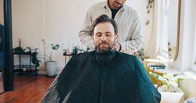 Buy stock photo Happy man, hairdresser or preparation with haircut for grooming, beauty or style in barbershop. Male person, client or customer getting ready with barber for hairstyle, fresh cut or new look in salon