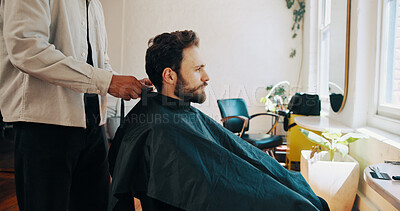 Buy stock photo Man, hairdresser and preparation with haircut for grooming, beauty or style in barbershop. Male person, client or customer getting ready with barber for hairstyle, fresh cut or new look in salon