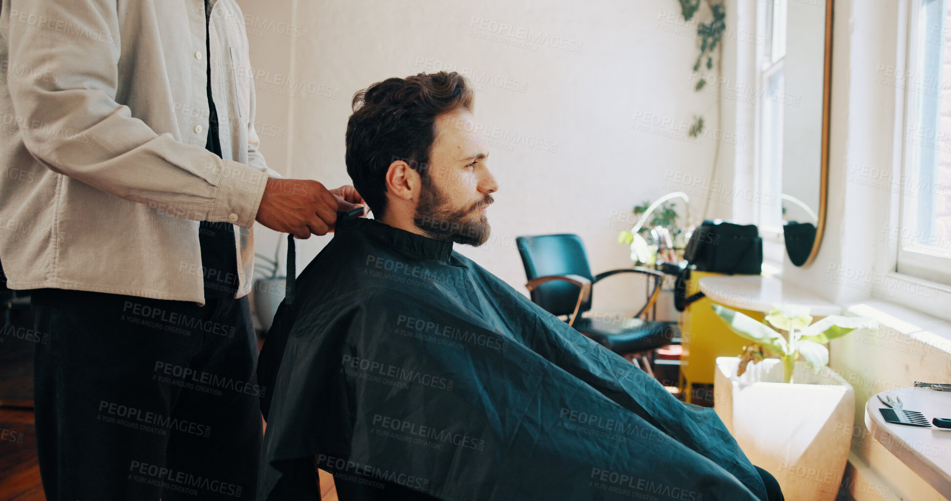 Buy stock photo Man, hairdresser and preparation with haircut for grooming, beauty or style in barbershop. Male person, client or customer getting ready with barber for hairstyle, fresh cut or new look in salon